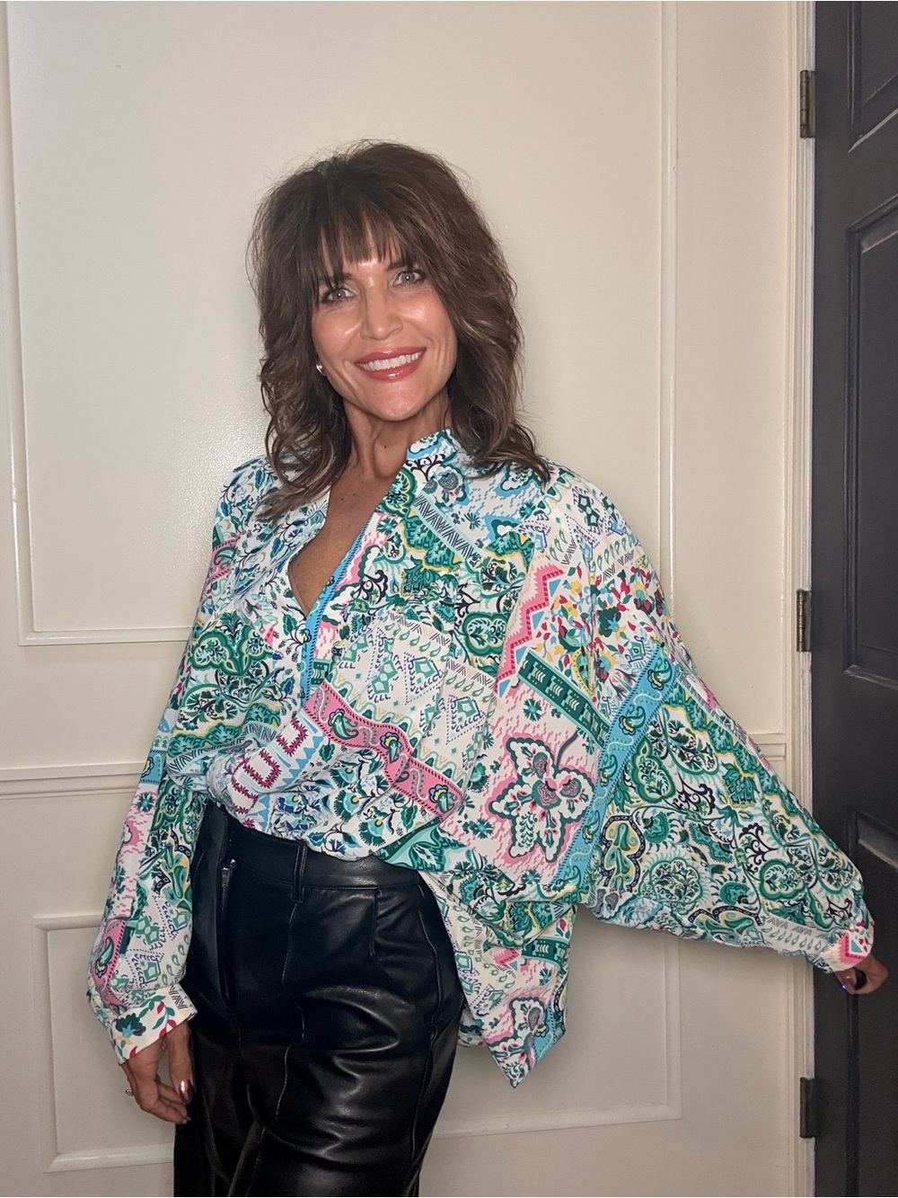 NWT Entro Green Patchwork Batwing Bodysuit Blouse Size M